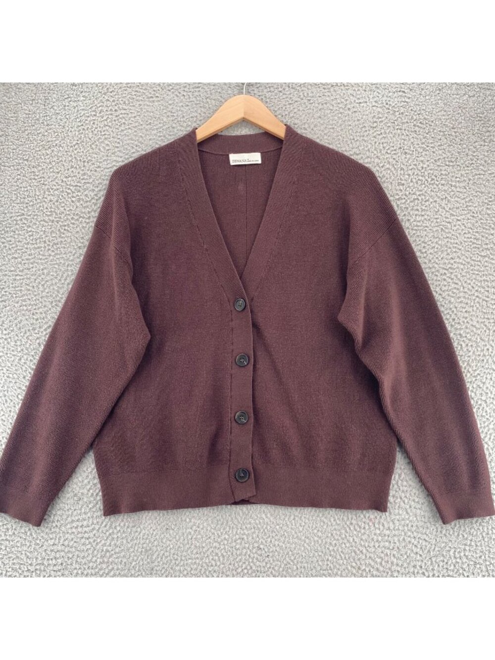 Zenana Sweater Womens 1X Plus Brown Cardigan Waffle Knit Button V Neck Stretch